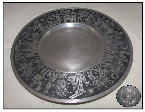 Vintage Pewter Plate With Folkart Mythical Characters Around