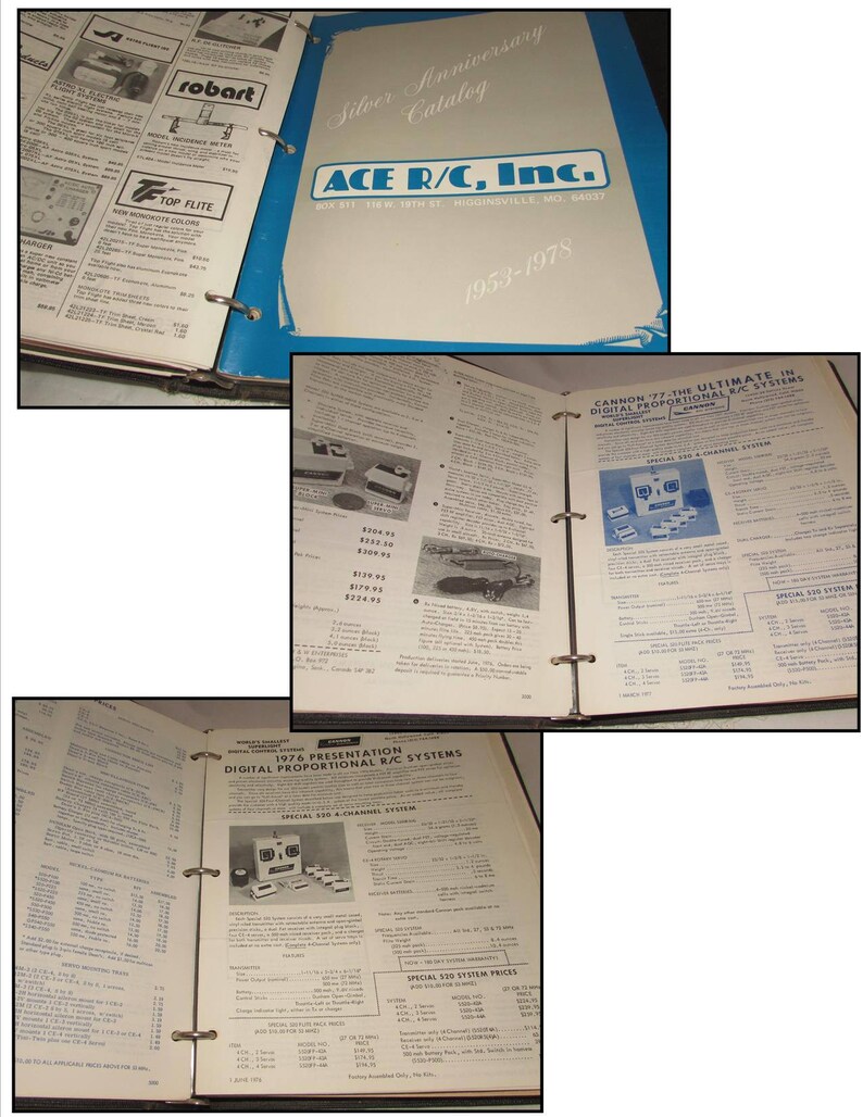 Puede incluir: Un archivador abierto con p&aacute;ginas de un cat&aacute;logo. La portada dice "Silver Anniversary Catalog" y "ACE R/C, Inc." con los a&ntilde;os 1953-1978. Las p&aacute;ginas interiores presentan descripciones de productos, diagramas y precios de sistemas de radiocontrol.