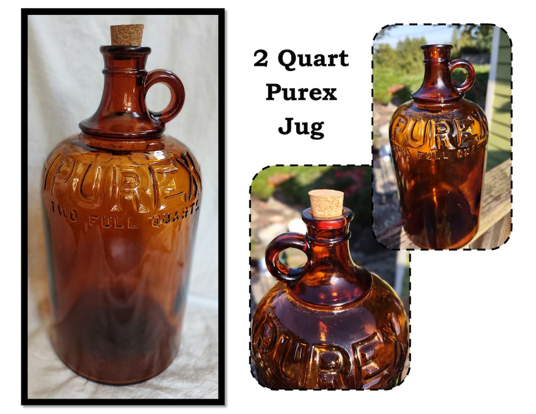 Vintage Brown Glass Purex Jug Bottle With Handle, 2 Quart Size, Empty