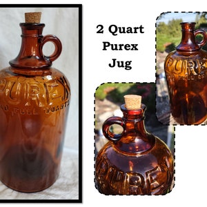 Vintage Brown Glass Purex Jug Bottle with Handle, 2 Quart Size, Empty