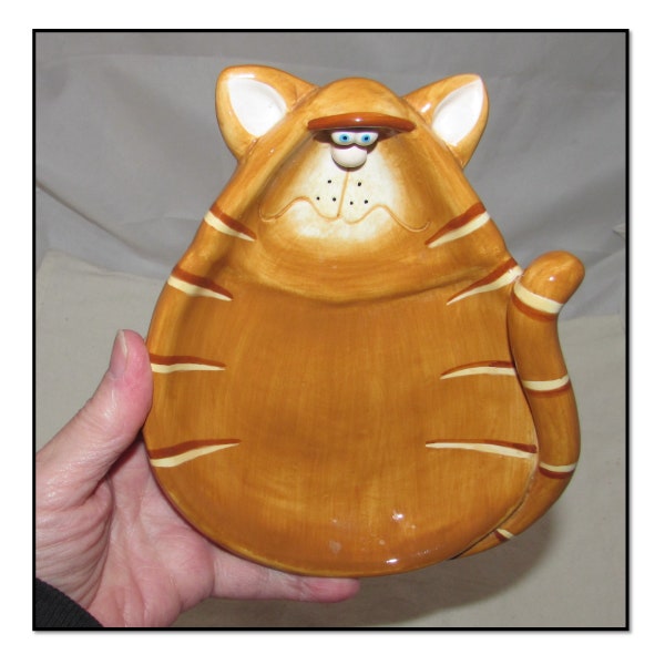 Vintage Ceramic Brown Grumpy Kitty Cat Spoon Rest or Trinket Dish by Russ Berrie
