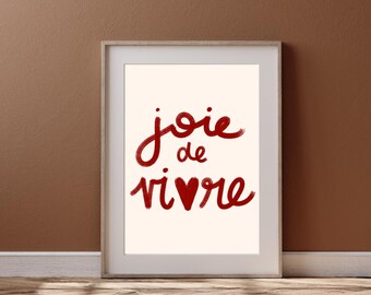 Impresión digital Joie de Vivre / Arte mural con cita en francés / Póster de caligrafía manuscrita / Estética retro imprimible