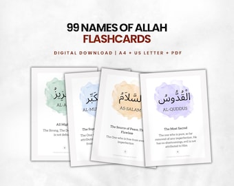 99 names of Allah flashcards, Learn Asmaul Husna with meaning, Islamic printable learning activity, muslim kids educational cards, PDF