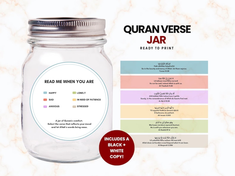 Quran verse jar, Read me when mood jar, Islamic gift, Ramadan activity, Muslim printable pdf, Quran guidance, Quran quotes to feel better image 1