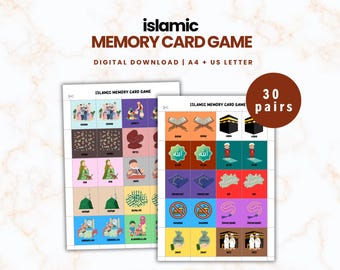 May include: An "Islamic Memory Card Game" digital download with colorful illustrations. The game features 30 pairs of cards with Islamic themes, including the Kaaba, Quran, and other religious symbols. The game is designed for A4 and US Letter sizes.