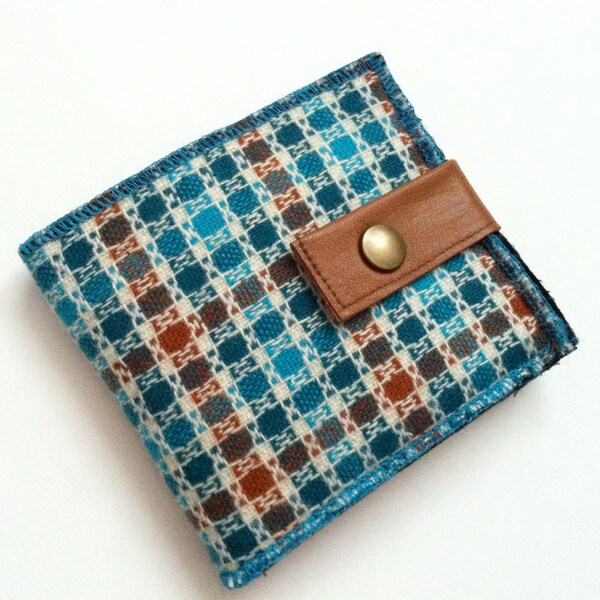 Wool Wallet - Teal pattern with reclaimed leather strap