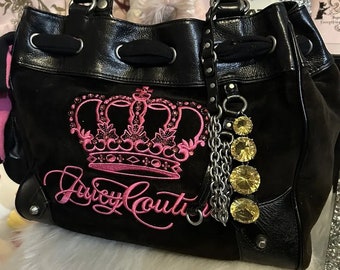 Vintage Juicy Couture Black Velour Daydreamer Bag Purse Hot Pink Crown Bling HTF