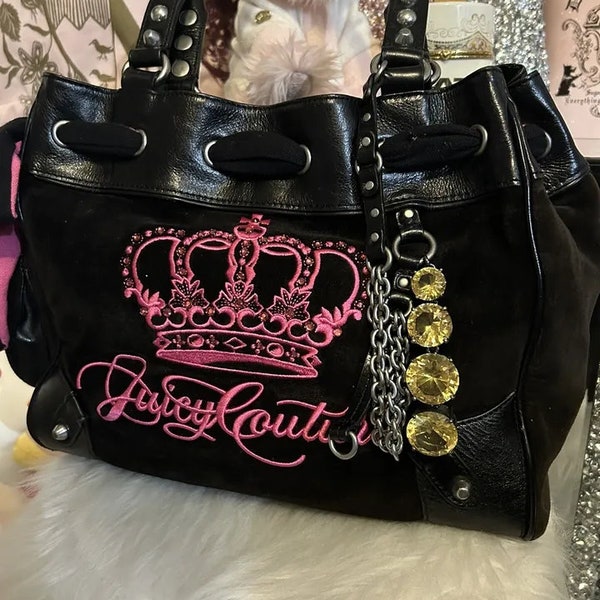 vintage Juicy Couture sac à main Daydreamer en velours noir sac à main rose fuchsia couronne HTF