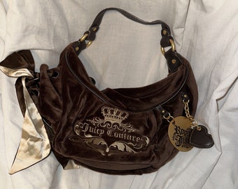 Vintage Royal Juicy Couture Brown Velvet Hobo Purse With Ribbon Y2K