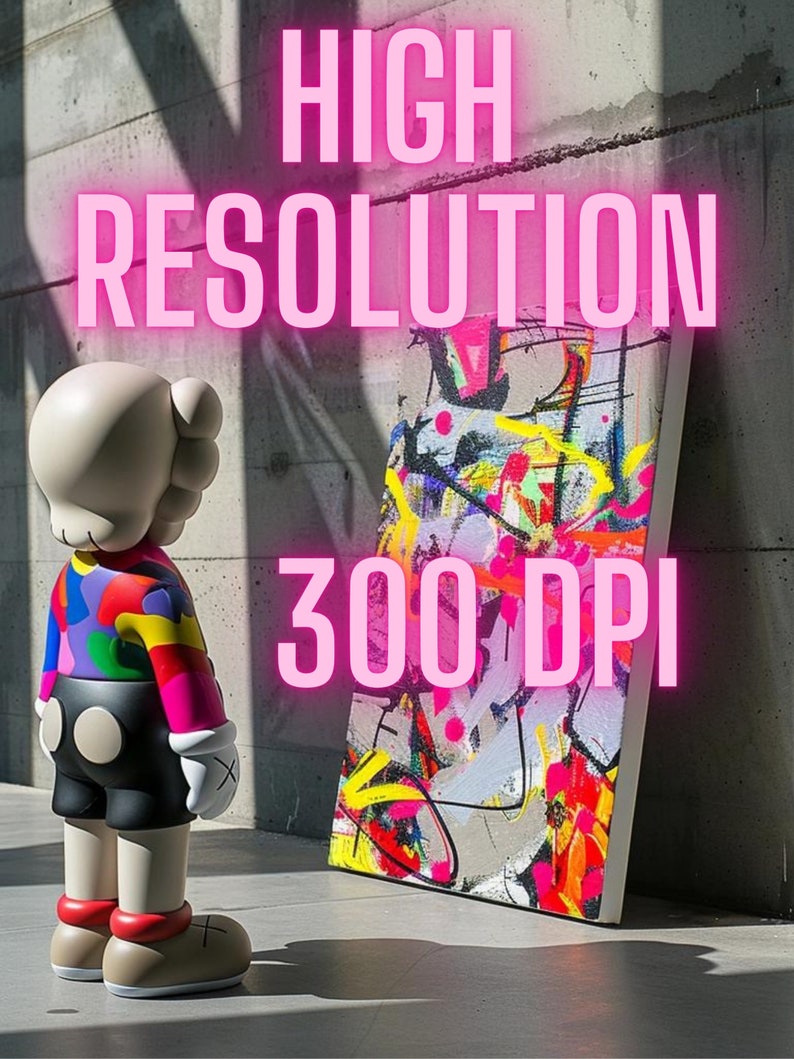 May include: A colorful abstract painting on canvas with a white frame. The painting is leaning against a gray wall. The text "HIGH RESOLUTION 300 DPI" is displayed in pink letters above the painting. A white and colorful toy figure stands in front of the painting.