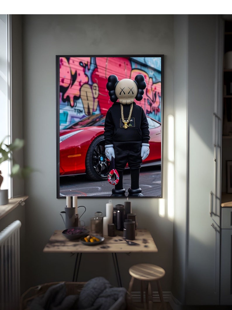 May include: A black and white illustration of a cartoon character wearing a black hoodie and a gold chain, standing in front of a red sports car with graffiti in the background.
