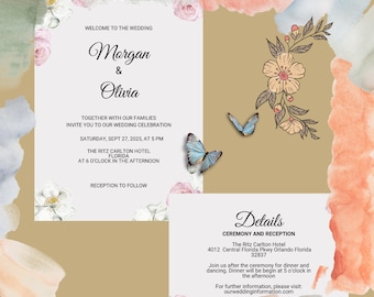 Suite d'invitation à un mariage minimaliste avec fleurs blanches, invitations au design élégant, modèles auto-modifiables, carte d'invitations imprimable, motif floral