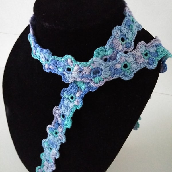 Handmade Crocheted Flowers Scarf - Variegated Blue/Lavender