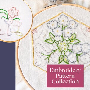 May include: Two embroidery hoops display floral embroidery patterns. One features a vase with flowers, the other a cluster of white flowers with green leaves. The text "Embroidery Pattern Collection" is on a pink rectangle.