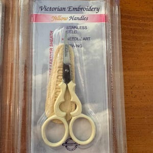Victorian Embroidery Scissors - Pale Yellow, Stainless Steel with Leather Sheath