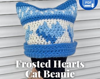 Frosted Hearts Cat Beanie Crochet Pattern And Tapestry Colorwork Chart (PDF Download)