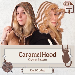 May include: Two women wearing handmade crochet hoods. One hood is caramel-colored with a textured pattern, and the other is white and brown striped with a faux fur trim. The image includes the text "Caramel Hood Crochet Pattern" and "Kami Crochet."