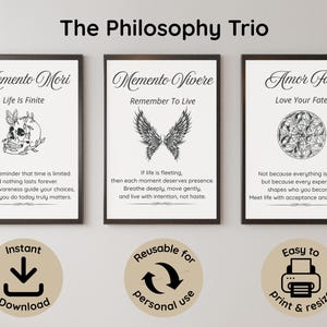May include: Three framed art prints with philosophical quotes. The prints feature the phrases "Memento Mori," "Memento Vivere," and "Amor Fati." Each print has a black frame and a white background with black text and illustrations, including a skull, wings, and a circular design.