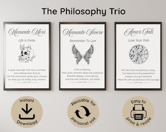 Stoic Philosophy Wall Art Set of 3 | Memento Mori, Memento Vivere, Amor Fati | Latin Definition Posters | Minimalist Printable Decor