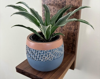 Engraved Walnut Plant Shelf - Handmade Floral Wall Decor