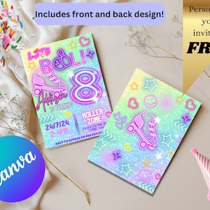 Carte d'anniversaire en patins à roulettes Invitation à une soirée disco à roulettes, modèle Canva, invitation numérique pour le 8e anniversaire, fête de lueur