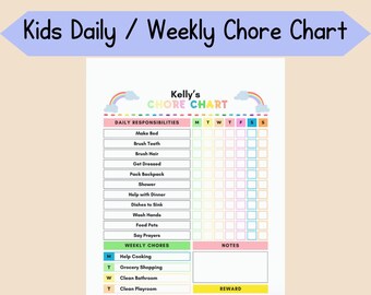 Chore Chart for Kids, Editable Daily and Weekly Kids Chore Chart, Kids Routine Weekly Schedule, Responsibility Chore Chart for Kids