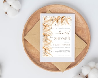Boho bridal shower invitation, Pampas theme, Editable Canva template, Floral Garden bridal shower, Earthy bridal shower invitation