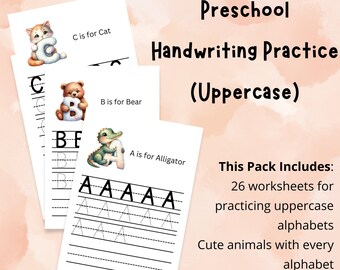Op de afbeelding: Een set van 26 afdrukbare werkbladen voor kleuters om te oefenen met het schrijven van hoofdletters. Elk werkblad bevat een schattig dier en de letter van het alfabet die het vertegenwoordigt. Bijvoorbeeld een kat voor de letter C, een beer voor de letter B en een alligator voor de letter A.