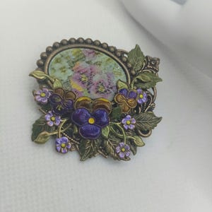 Vintage Victorian Enamel Flower Brooch, Brass Costume Jewelry