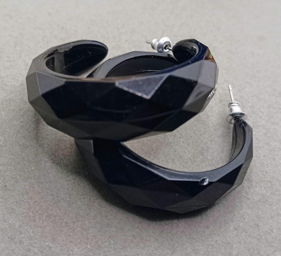 Vintage Black Faceted Bakelite Hoop Earrings Women Jewelry