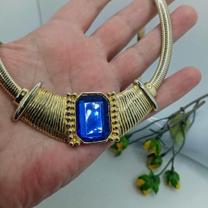 Vintage Park Lane Signed Gold Tone Choker Necklace with Blue Acrylic Stone Women Costume Jewelry Designer Estate Fashionista Gift
