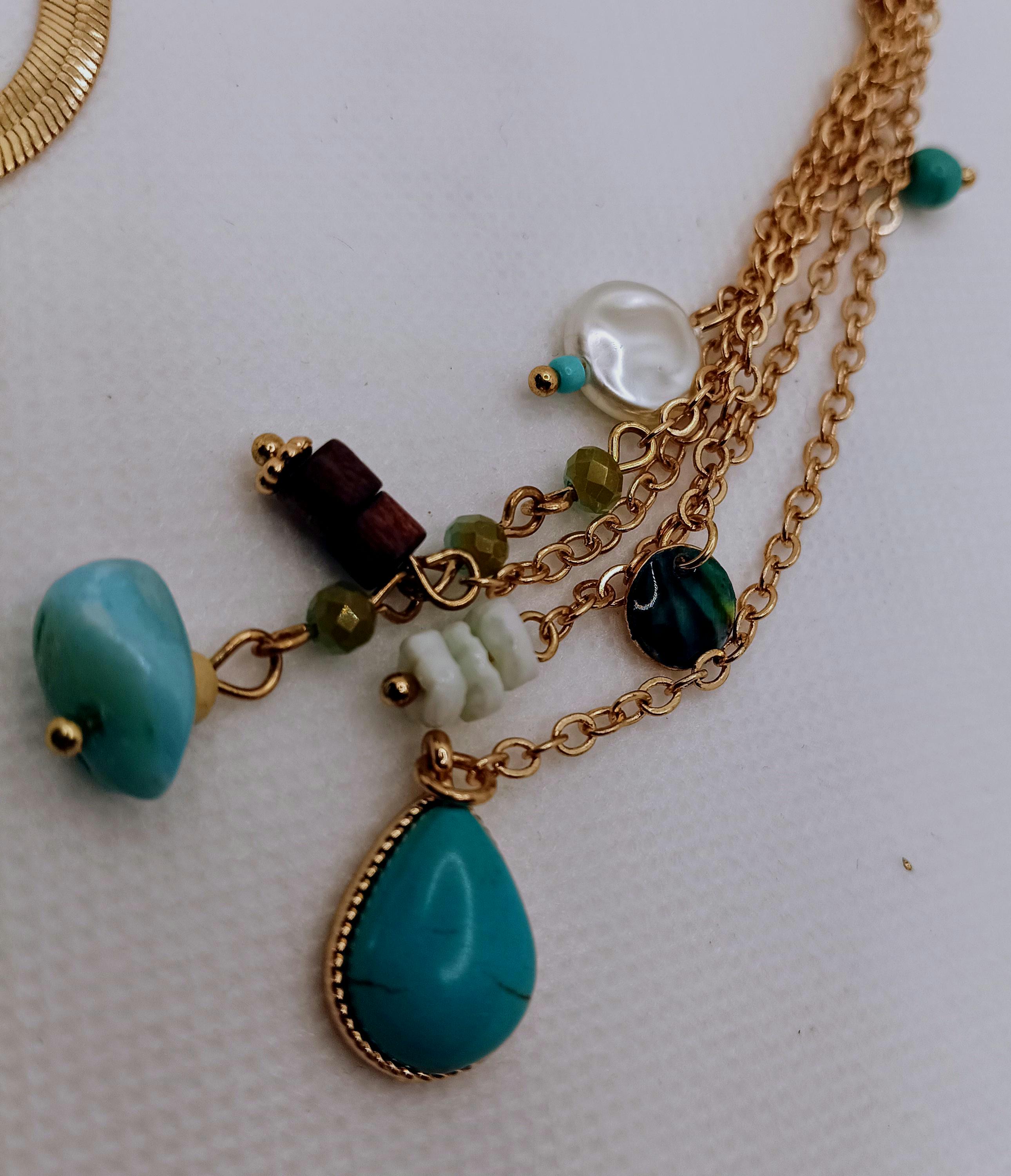 Gold Tone Omega Chain Necklace, Faux Pearl & Turquoise  display picture 1
