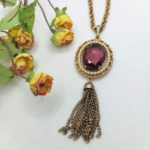 Vintage Avon Signed Large Purple Glass Faux Pearl Seeds Medallion Pendant Tassel Chain Necklace Costume Jewelry Women Collectible