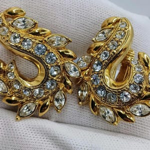 Vintage Avon 1980&#39;s Signed Gold Tone Rhinestone Clip Earrings Gold Tone Women Costume Jewelry Unworn Gift