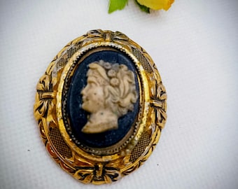 Vintage Victorian Style Cameo Brooch, Gold Tone Costume Jewelry