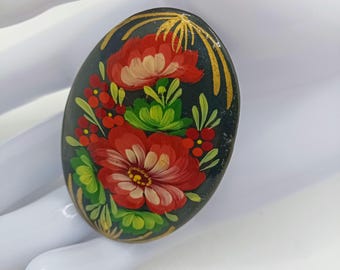 Vintage Russian Lacquer Brooch, Hand Painted Floral Pin
