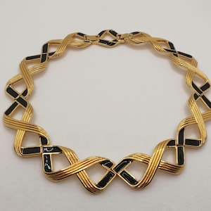 Vintage Signed Monet Gold Tone Black Enamel Choker Necklace Women Jewelry Gift