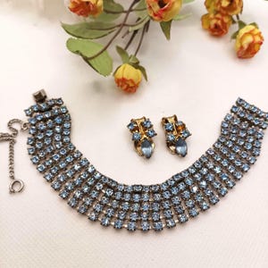 Vintage 1950&#39;s Silver Tone Blue Glass Rhinestones Bracelet Matching Clip Earrings Women Costume Jewelry Collectible Gift
