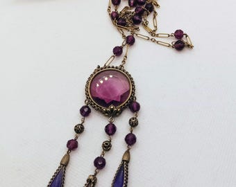 Vintage Art Deco Czech Purple Glass Pendant Necklace, 1930s Costume Jewelry