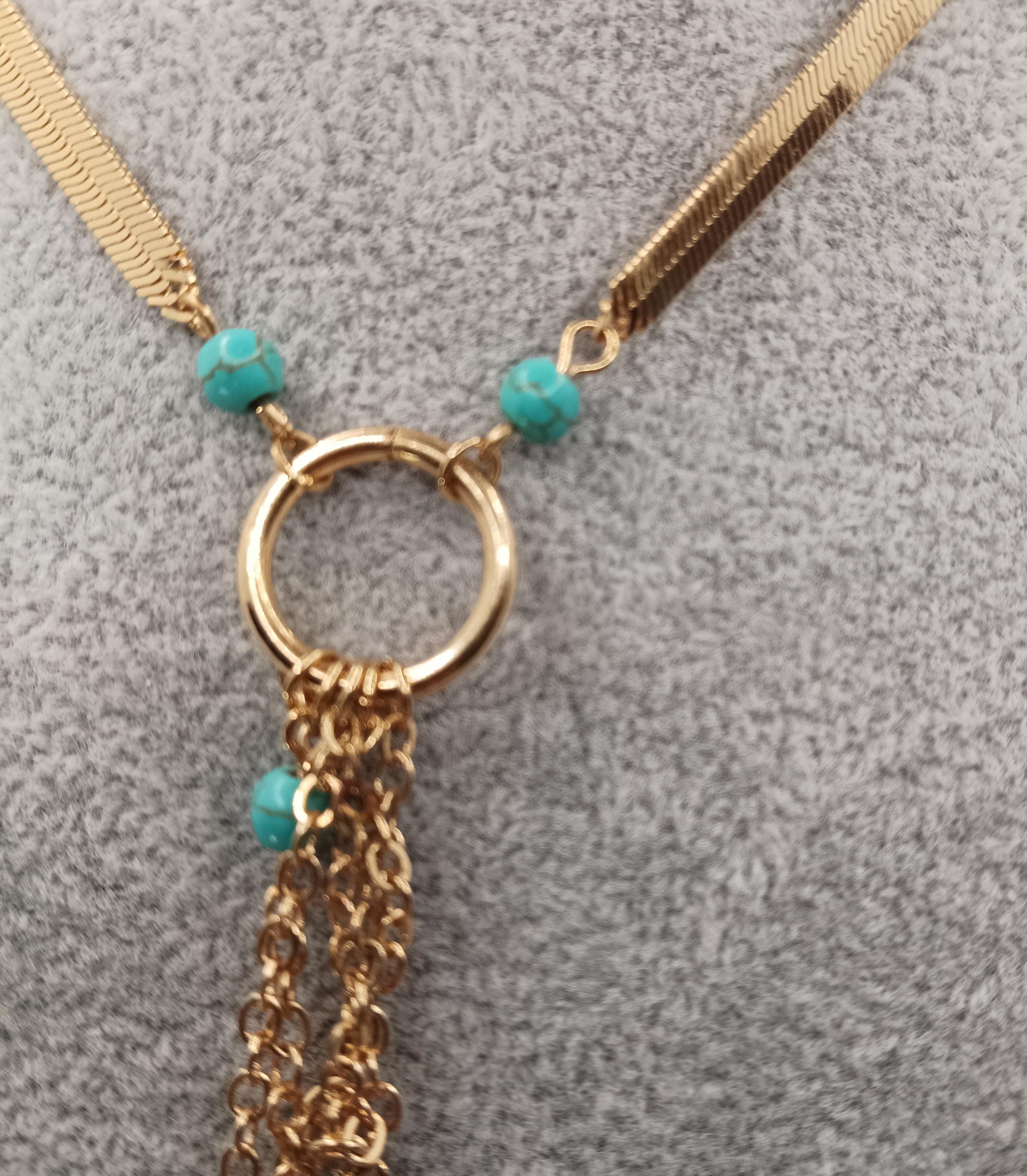 Vintage OMEGA Chain Faux turquoise Gold Tone Beaded Necklace or Belt 14K Gold Turquoise Bead Chain, Unique Station Necklace with  main image 4