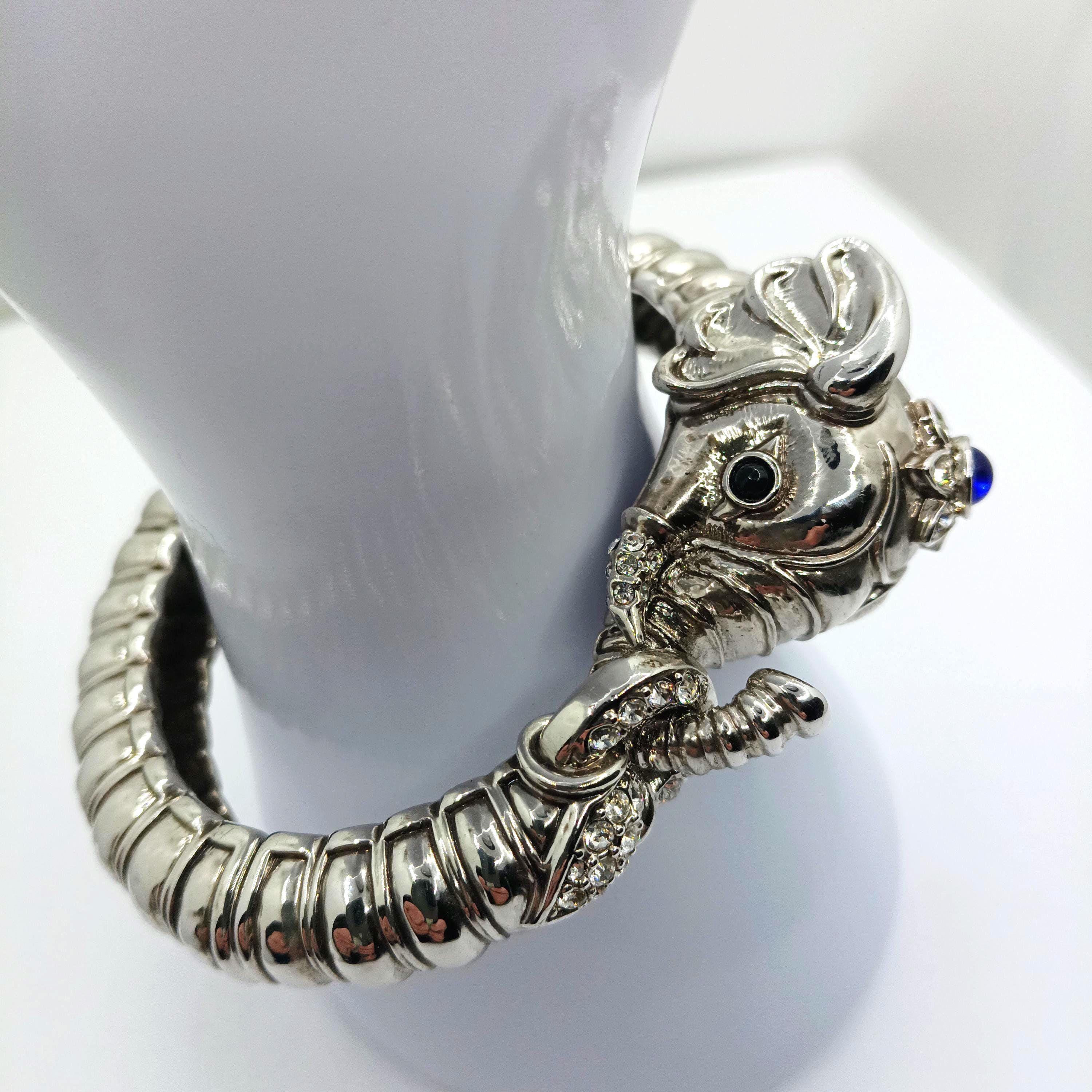 Vintage KJL Kenneth Jau Lane Silver Tone Elephant Hinge Bracelet