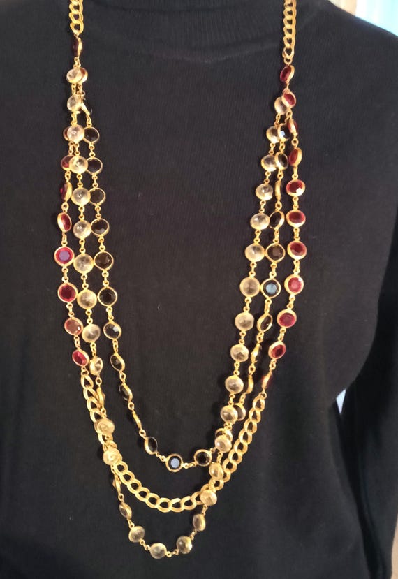 Vintage Gold Tone Crystal Bezel Necklace, 42 Inch Costume Jewelry