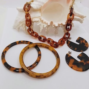Lot of 5 Tortoise Brown Shades Lucite Jewelry Chain Necklace Earrings Bangle Bracelet Bakelite Women Gift Costume