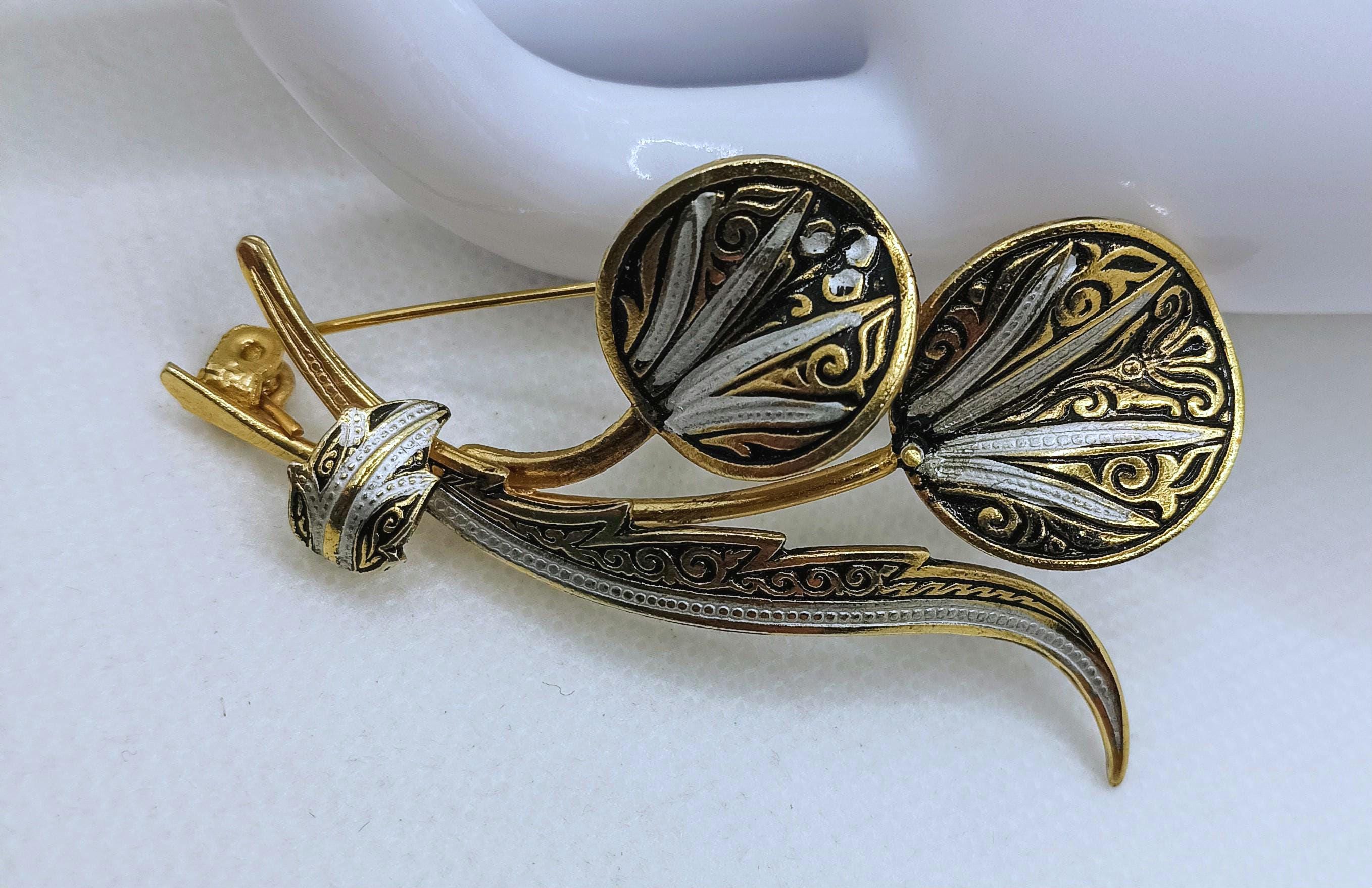 Lot De 3 Broches Anciennes Damasquinées Tolède - Doré - Bon état - Bijoux Vintage