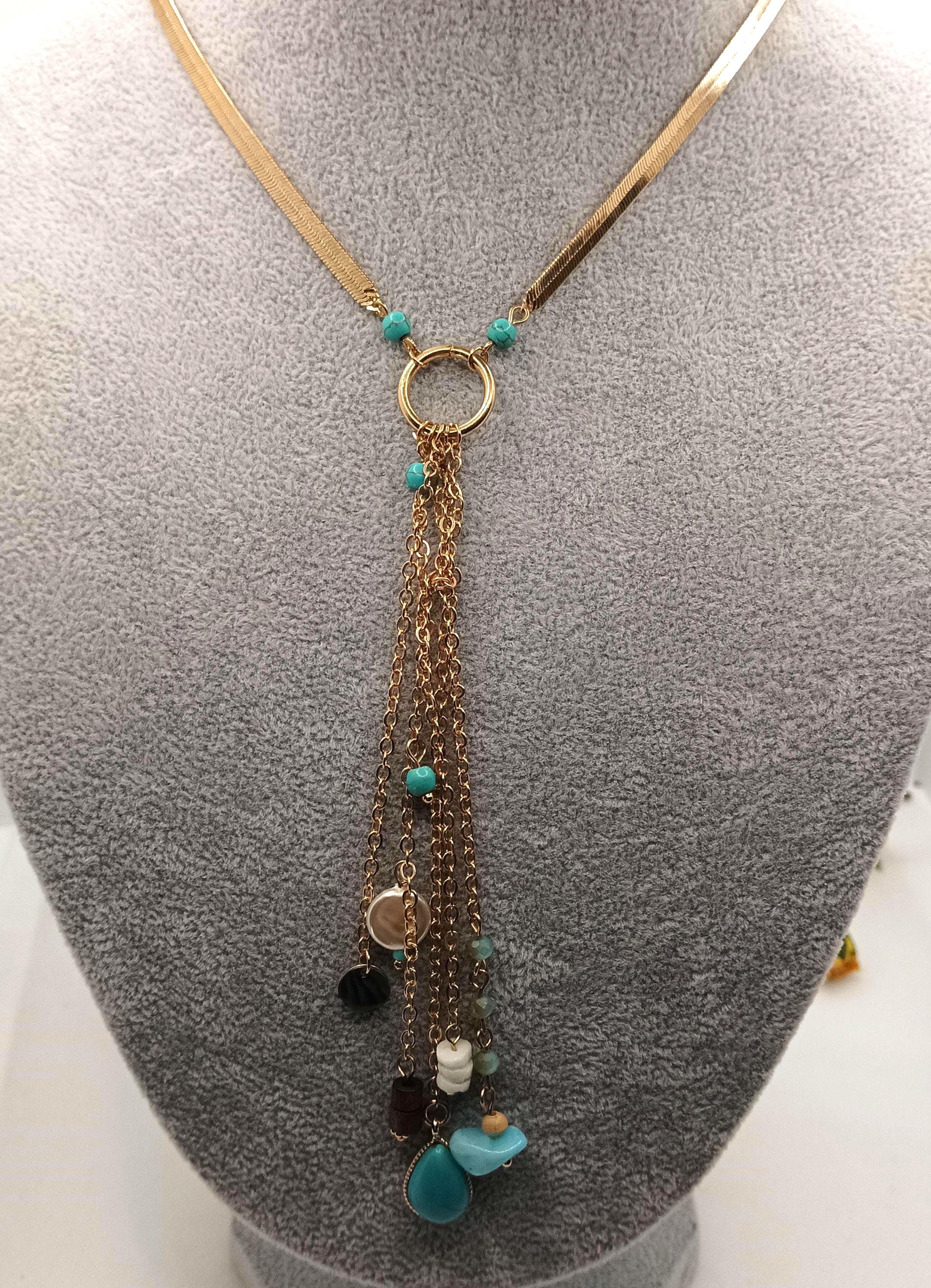 Gold Tone Omega Chain Necklace, Faux Pearl & Turquoise 