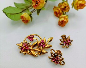 Vintage Gold Floral Brooch and Screw-back Earrings, Pink Rhinestone Jewelry Set