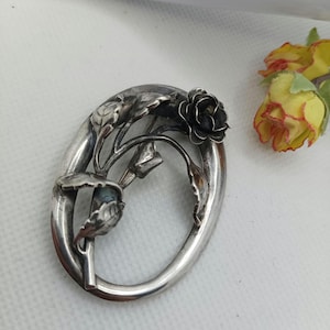 Vintage 925 Sterling Silver Danecraft Signed Ovals Pin Brooch Rose Flower Women Unisex Jewelry Gift