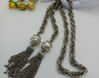 Vintage Silver Tone Lariat Necklace, Faux Pearl Tassel