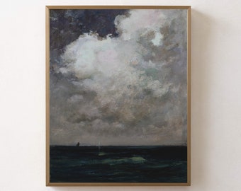Vintage Moody Cloud Painting, Cloud Study Wall Art, Vintage Dark Neutral Cloud Print, Printable Download, Moody Dark Cloud Art