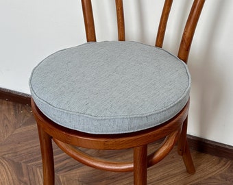 Cojín de silla de lino y algodón azul con bordes enrollados, redondo, tamaño personalizado, respaldo de espuma viscoelástica de 60 cm de grosor con correa de sujeción.
